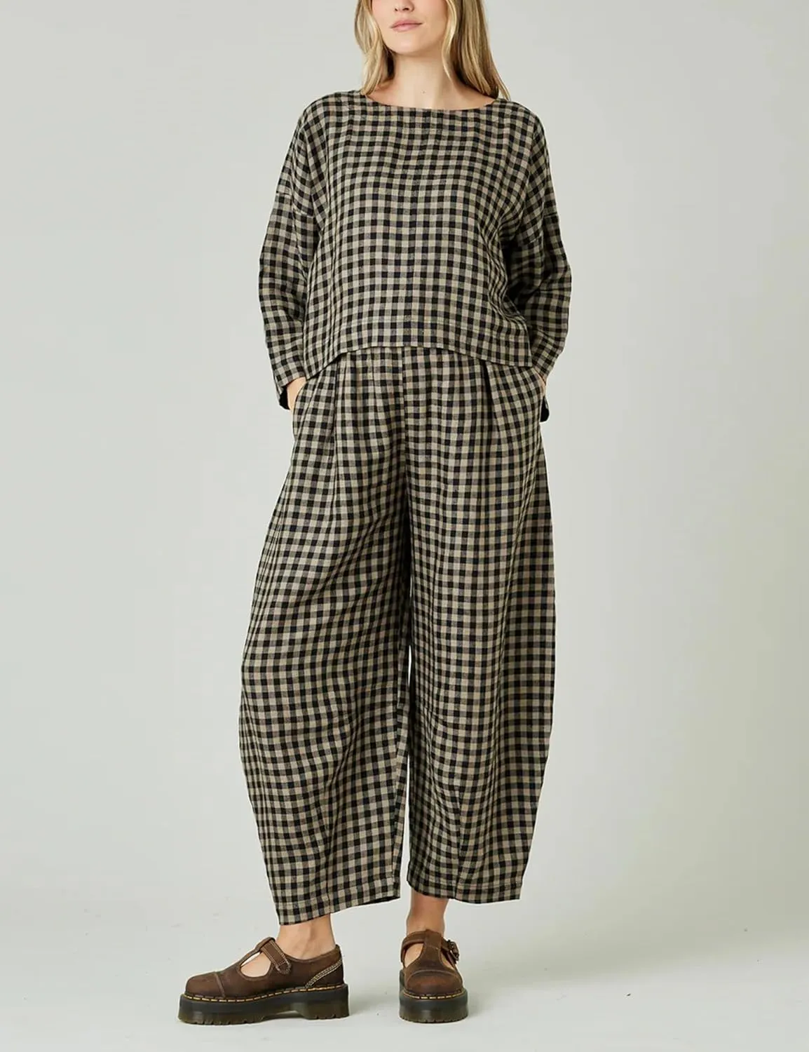 Women's Cotton Linen Harem Plaid Pants Elastic Waist Wide Leg Pants Loose Lightweight Trousers with Pockets