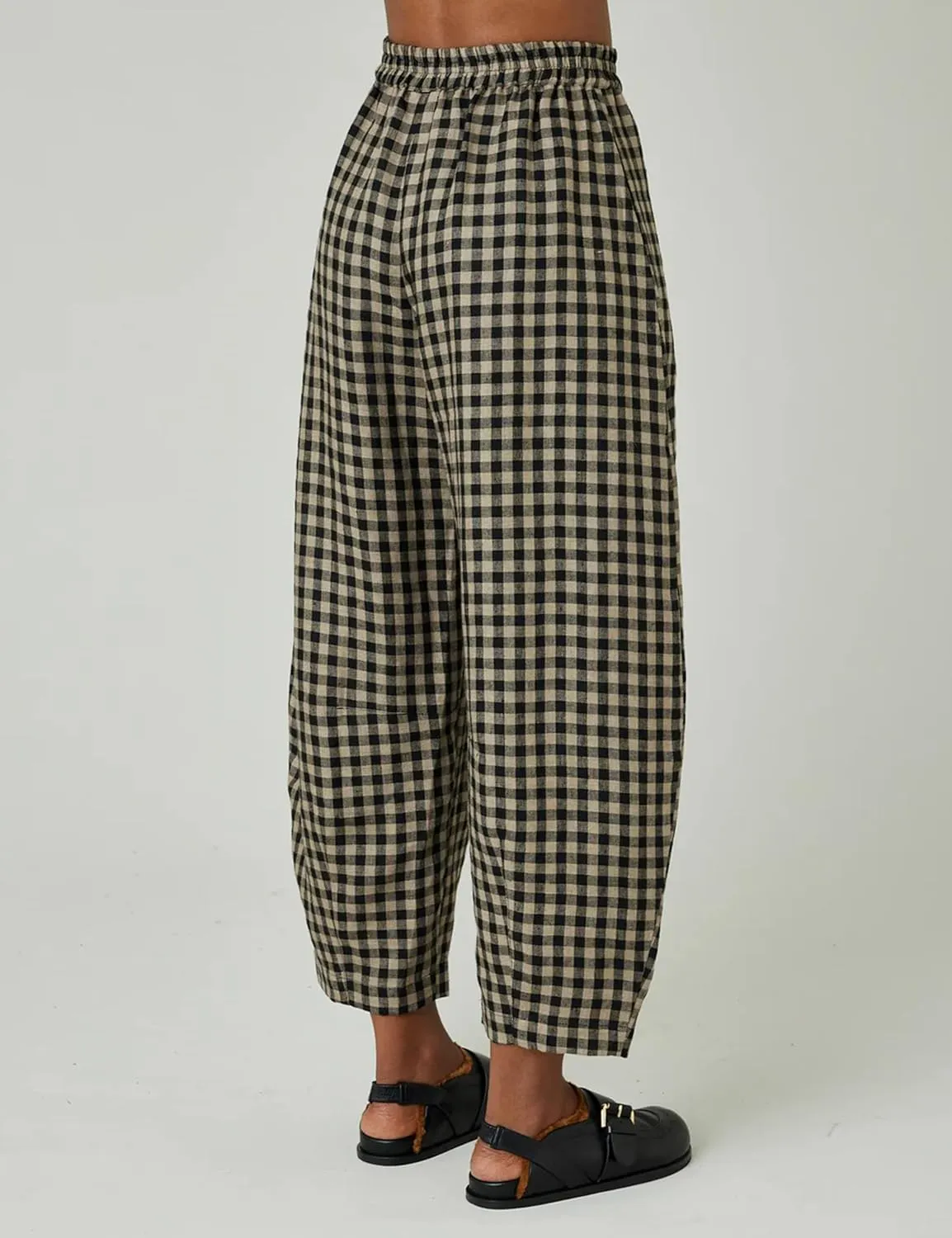 Women's Cotton Linen Harem Plaid Pants Elastic Waist Wide Leg Pants Loose Lightweight Trousers with Pockets
