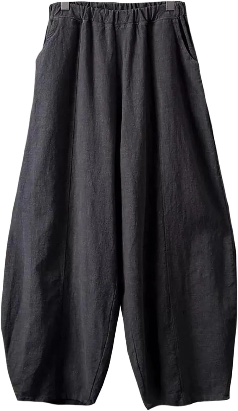 Women's Cotton Linen Jogger Pants Wide Leg Elastic High Waist Lantern Trousers Loose Fit Casual Summer Baggy Pants