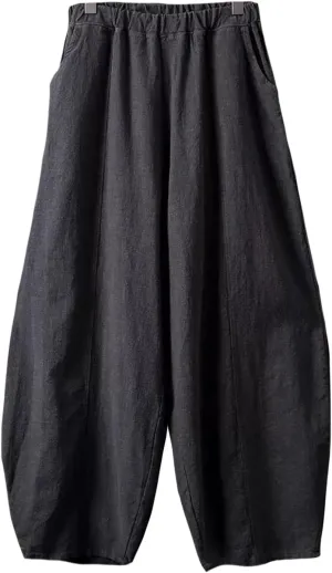 Women's Cotton Linen Jogger Pants Wide Leg Elastic High Waist Lantern Trousers Loose Fit Casual Summer Baggy Pants