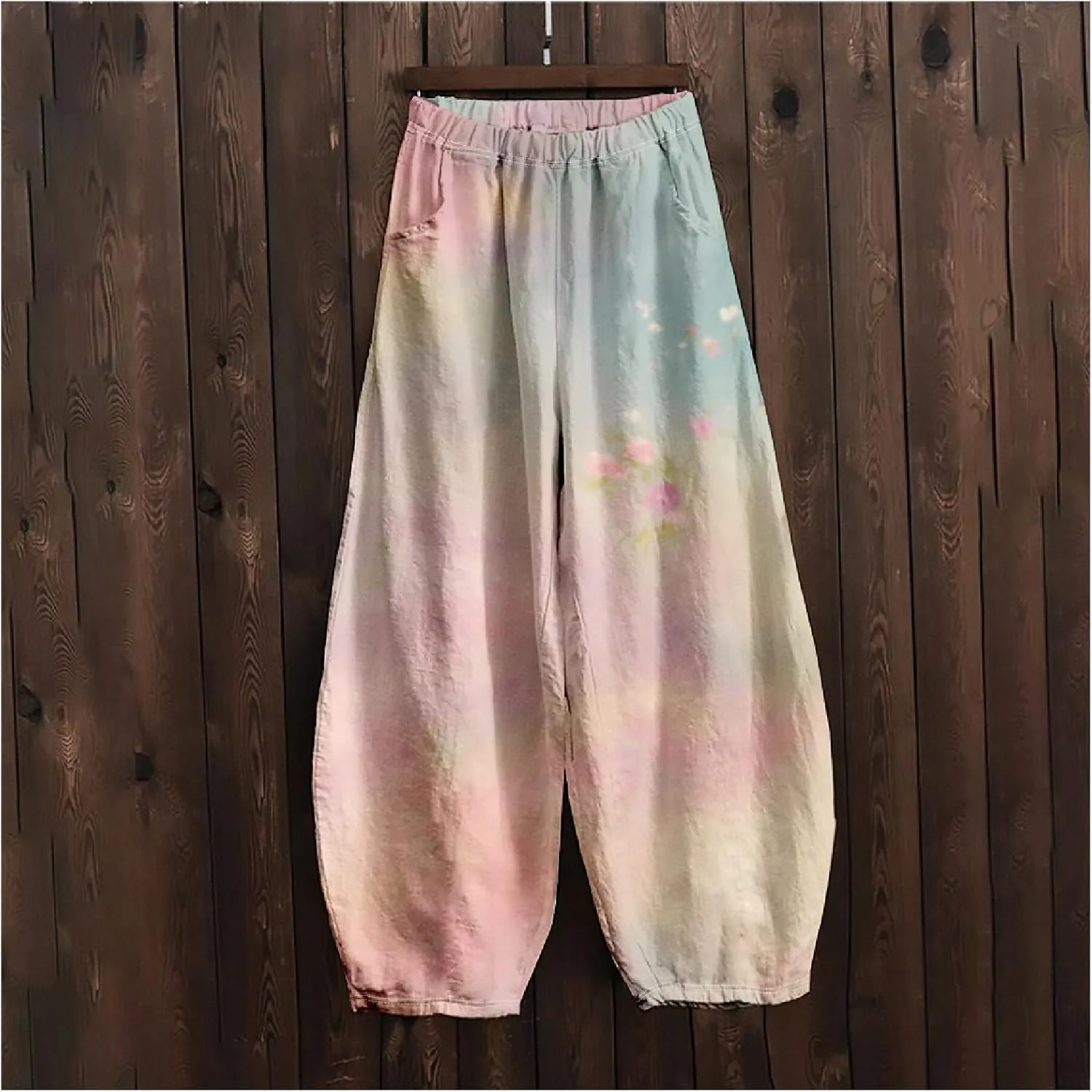 Women's Cotton Linen Pants Casual Baggy Pants Boho Printed Elastic High Waist Relax Fit Lantern Trouser Plus Size