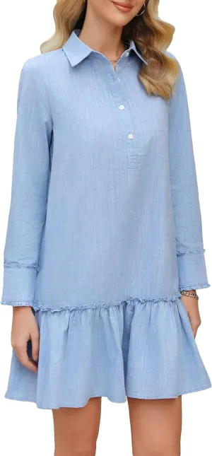 Women's Cotton Tunic Short Dress Long Sleeve Button Up Ruffle Shirt Dress Casual Shift A Line Dress