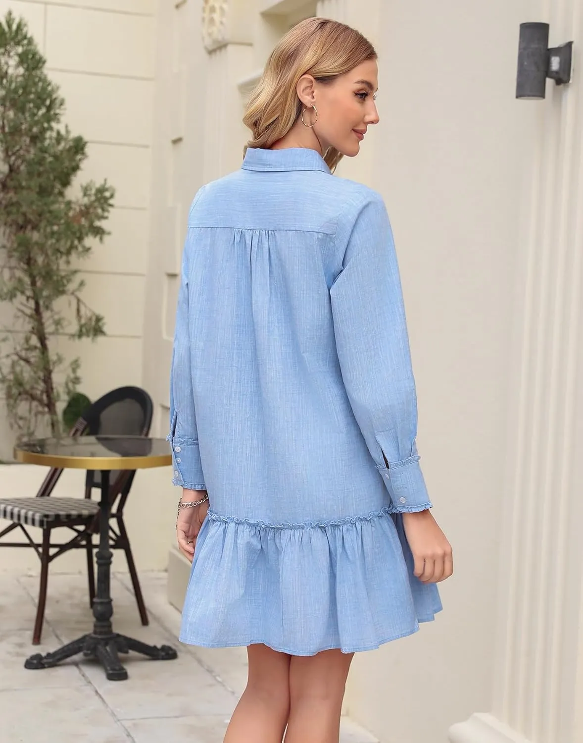 Women's Cotton Tunic Short Dress Long Sleeve Button Up Ruffle Shirt Dress Casual Shift A Line Dress