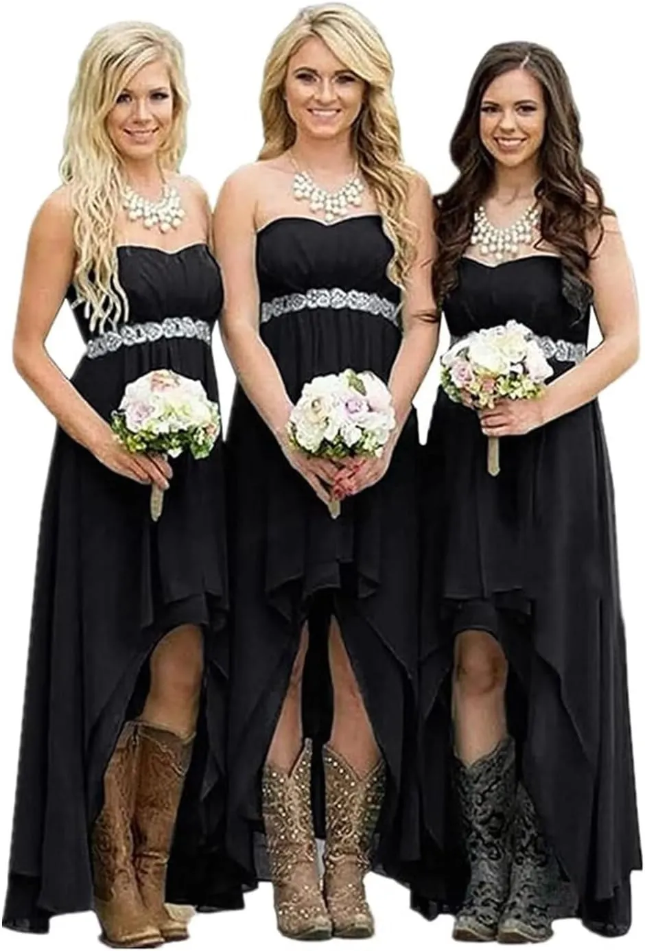 Women's Country Bridesmaid Dresses High Low Rustic Strapless Wedding Party Gowns Chiffon