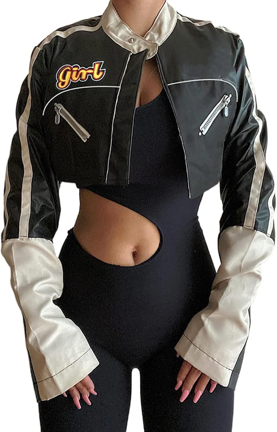 Women's Crop Baseball Jacket Casual Retro Varsity Coat Letters Embroidery Pattern Button-Down Baggy Bomber Jacket