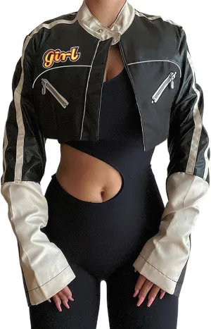 Women's Crop Baseball Jacket Casual Retro Varsity Coat Letters Embroidery Pattern Button-Down Baggy Bomber Jacket