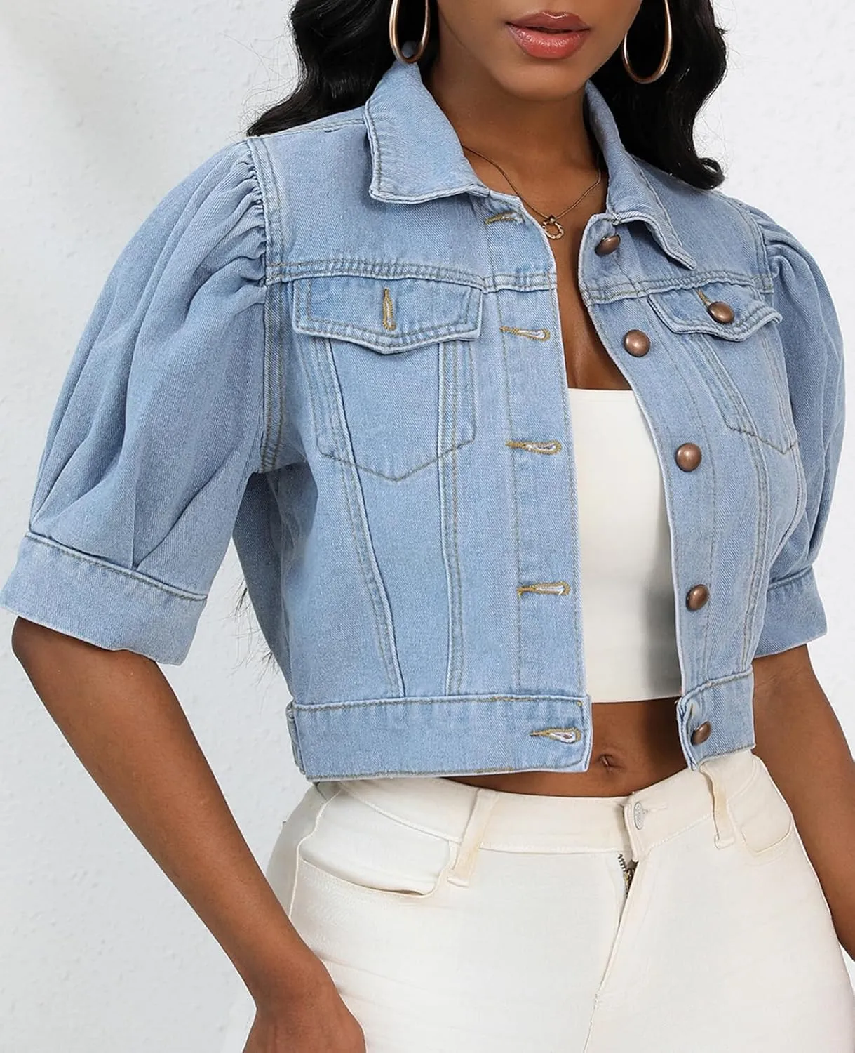 Women's Cropped Denim Jackets Short Sleeve Button Down Casual Jean Jackets