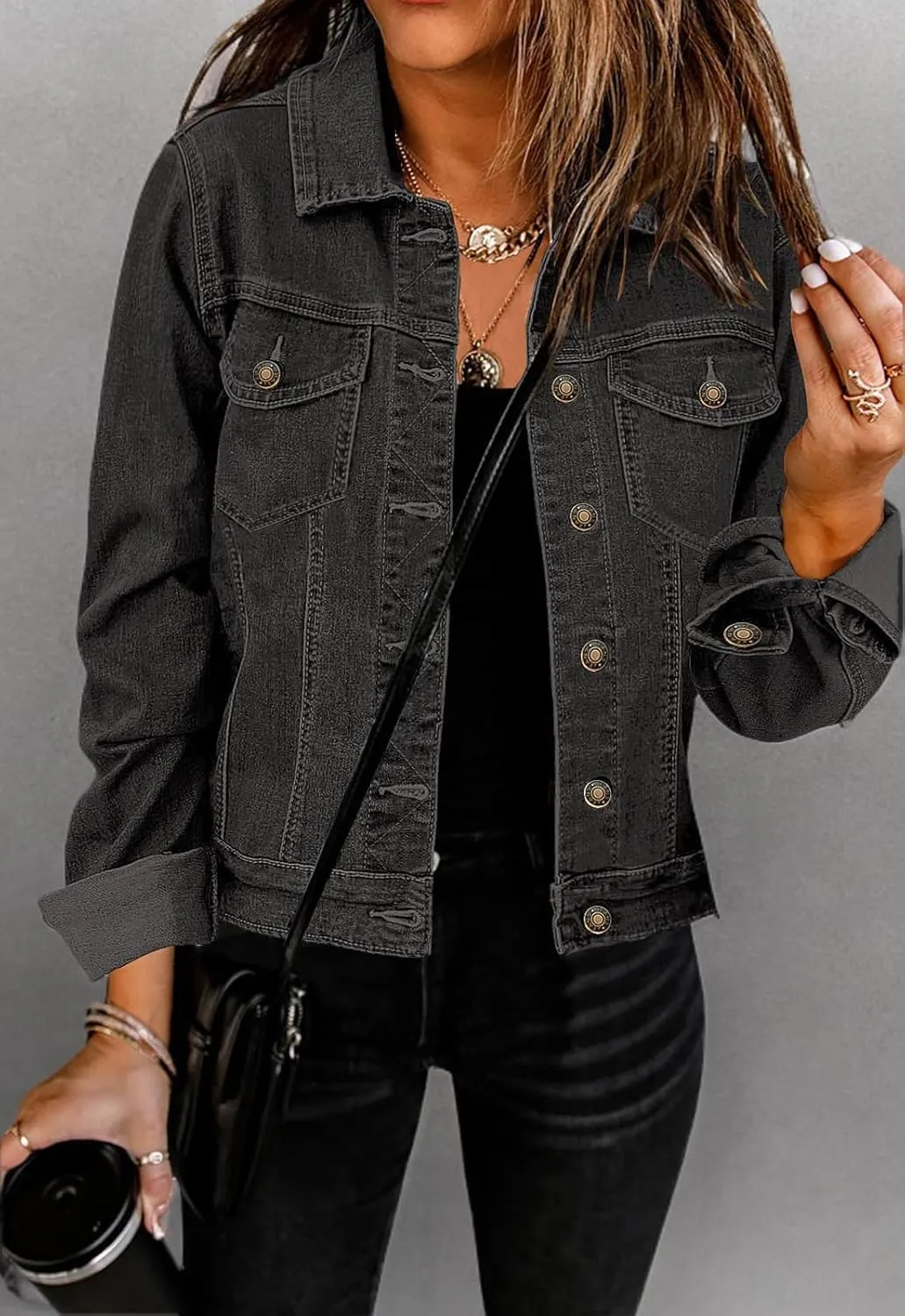 Womens Cropped Jean Jacket Basic Button Down Demim Jacket With Pockets