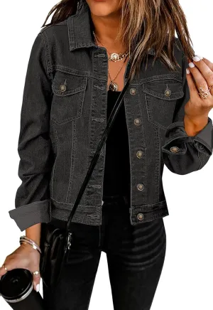 Womens Cropped Jean Jacket Basic Button Down Demim Jacket With Pockets