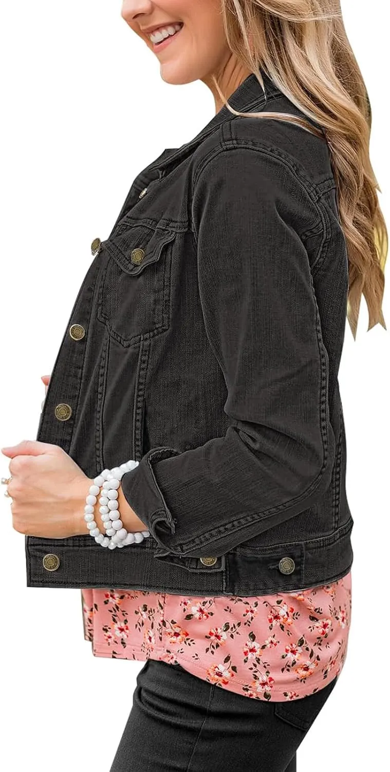 Womens Cropped Jean Jacket Basic Button Down Demim Jacket With Pockets