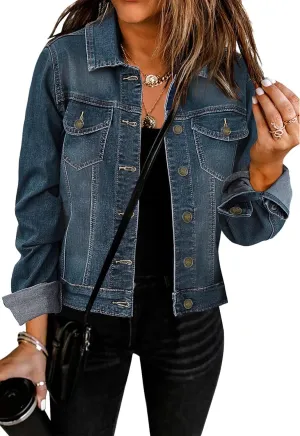Womens Cropped Jean Jacket Basic Button Down Demim Jacket With Pockets