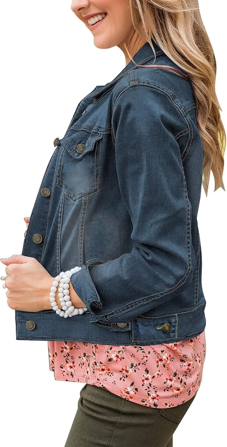 Womens Cropped Jean Jacket Basic Button Down Demim Jacket With Pockets