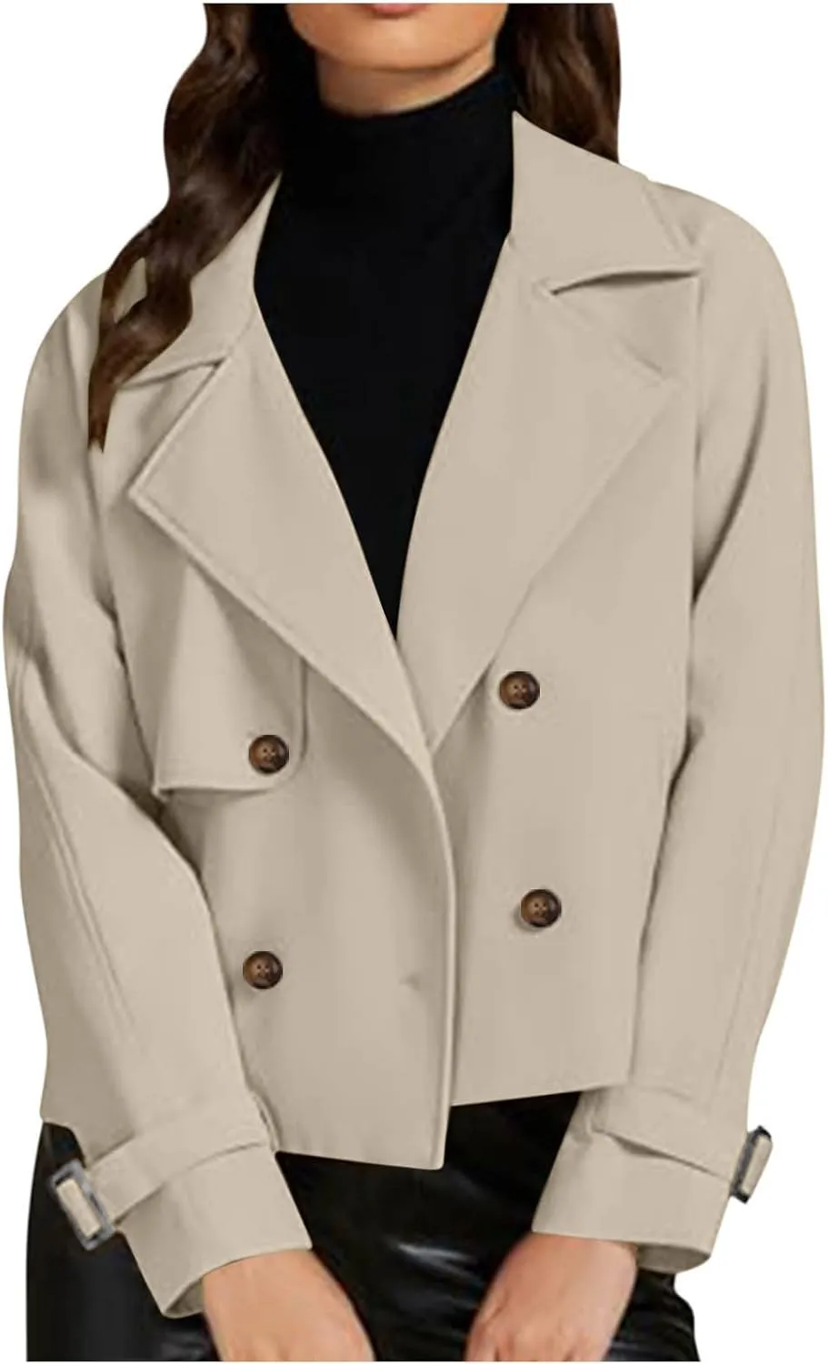 Womens Cropped Trench Coat Long Sleeve Double Breasted Lapel Short Jacket Fall Casual Loose Fit Coats