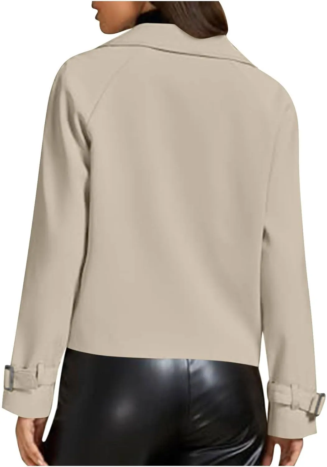 Womens Cropped Trench Coat Long Sleeve Double Breasted Lapel Short Jacket Fall Casual Loose Fit Coats