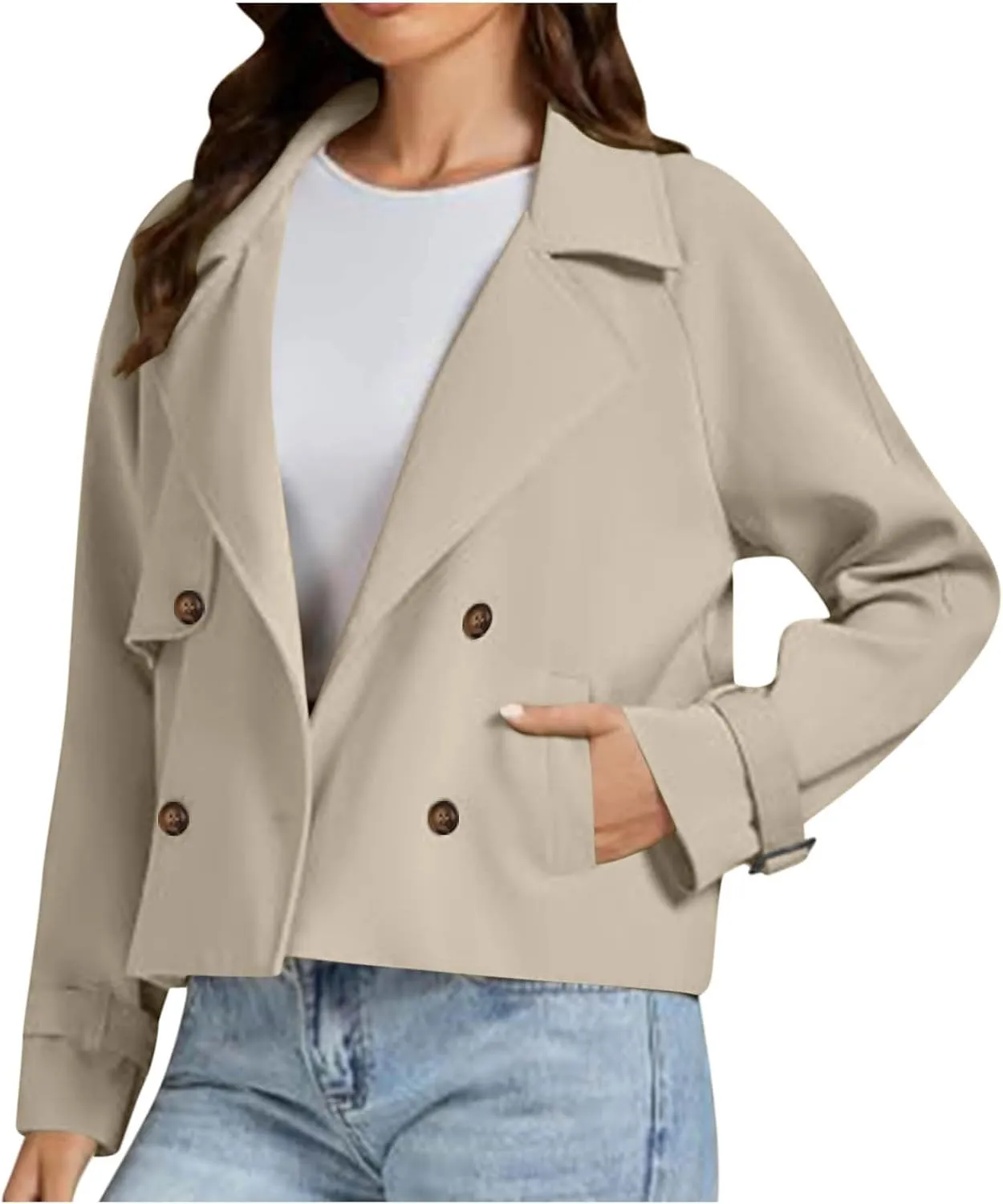 Womens Cropped Trench Coat Long Sleeve Double Breasted Lapel Short Jacket Fall Casual Loose Fit Coats