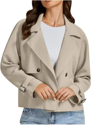 Womens Cropped Trench Coat Long Sleeve Double Breasted Lapel Short Jacket Fall Casual Loose Fit Coats