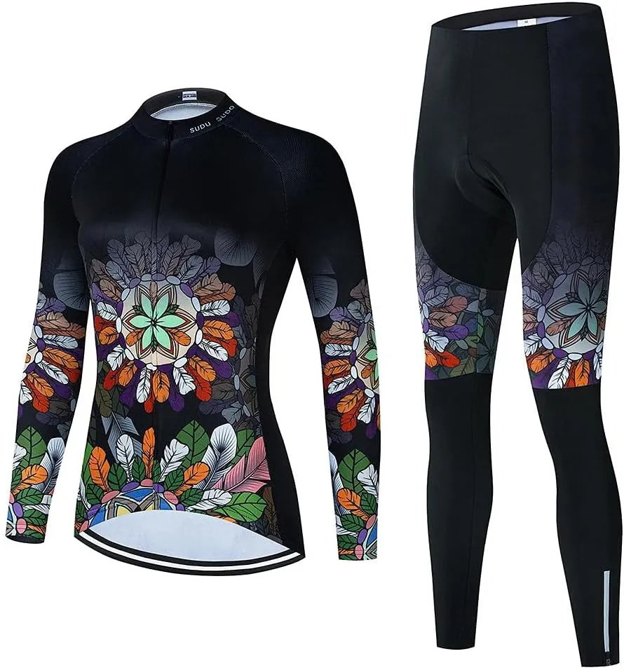 Women's Cycling Clothing Set Long Sleeve Road Bike Shirt Cycling Jersey Bicycle Pants with Gel Padded