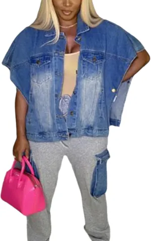 Women's Denim Jackets Cropped Sleeveless Button Down Lapel Washed Denim Jackets for Women Trendy