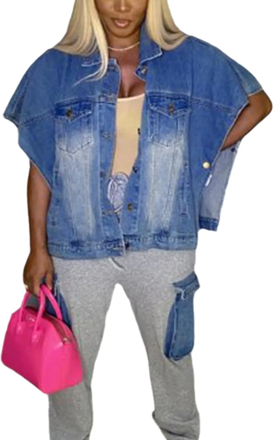 Women's Denim Jackets Cropped Sleeveless Button Down Lapel Washed Denim Jackets for Women Trendy