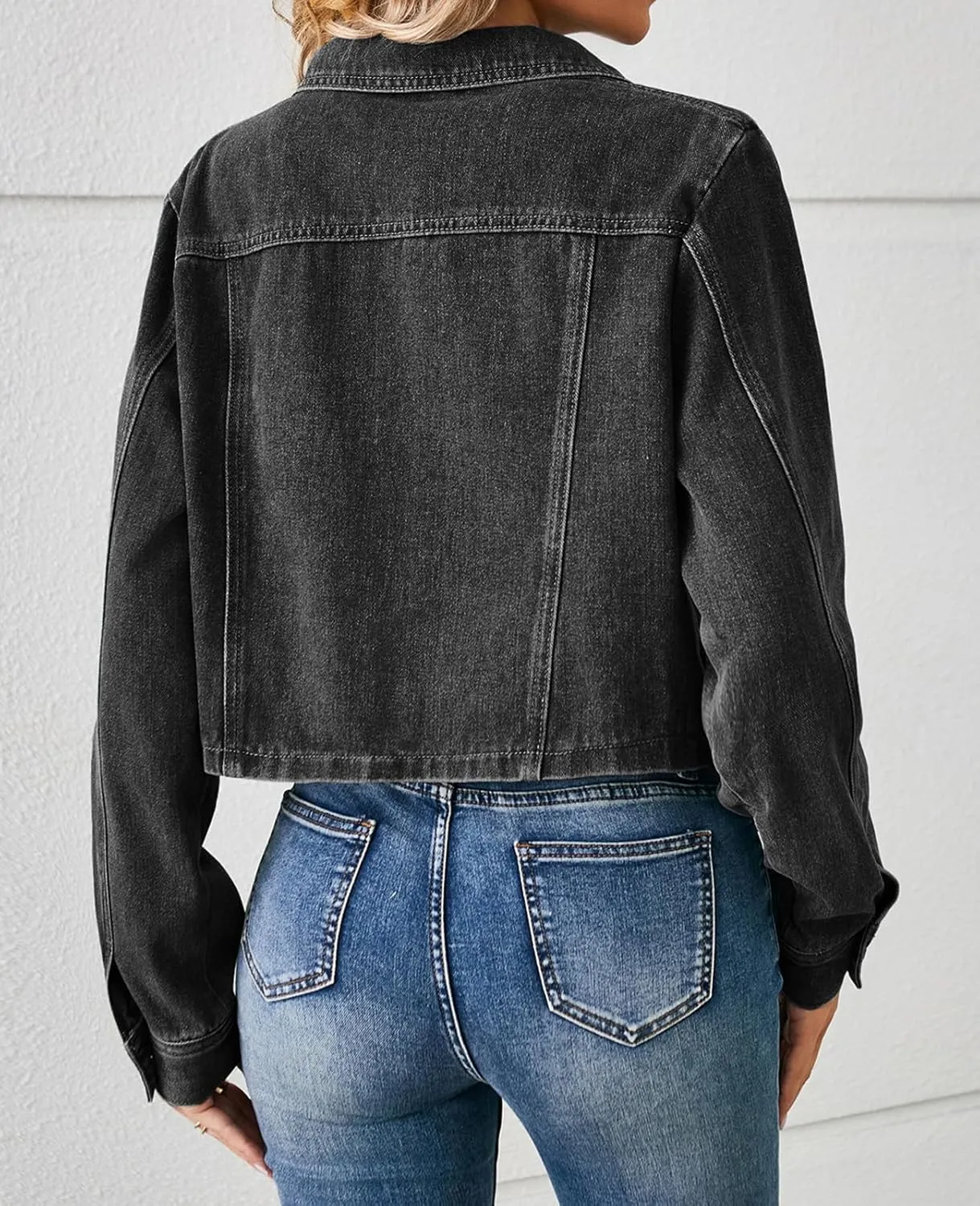 Women's Denim Jackets Long Sleeve Button Down Short Denim-Jacket Classic Cropped Jean Jacket with Pockets