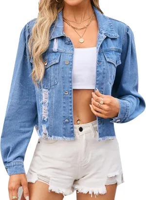 Women's Denim Jackets Long Sleeve Button Down Short Denim-Jacket Classic Cropped Jean Jacket with Pockets