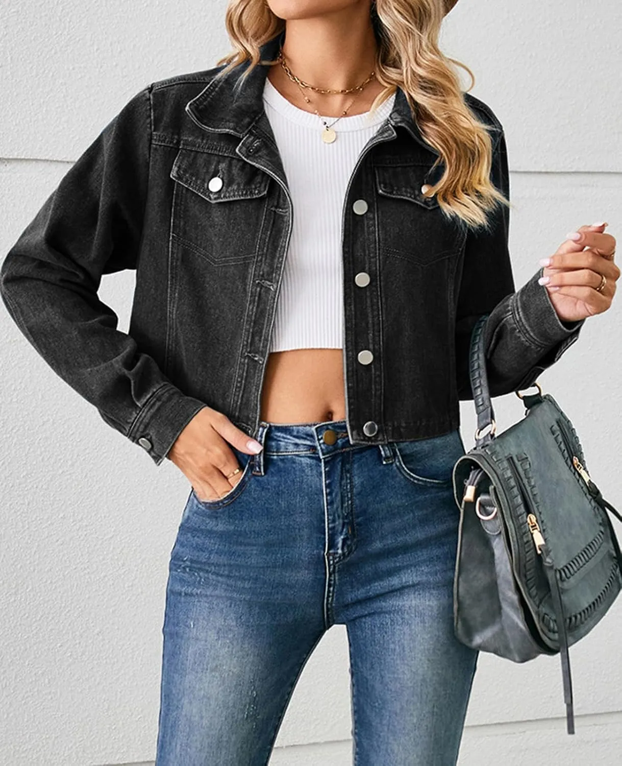 Women's Denim Jackets Long Sleeve Button Down Short Denim-Jacket Classic Cropped Jean Jacket with Pockets