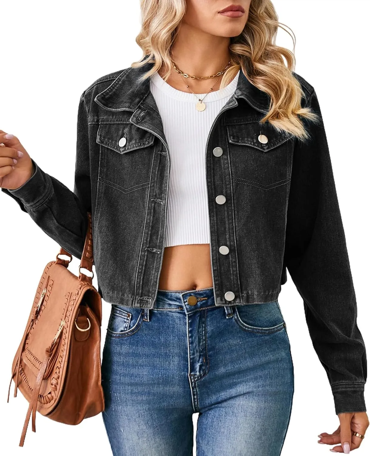 Women's Denim Jackets Long Sleeve Button Down Short Denim-Jacket Classic Cropped Jean Jacket with Pockets