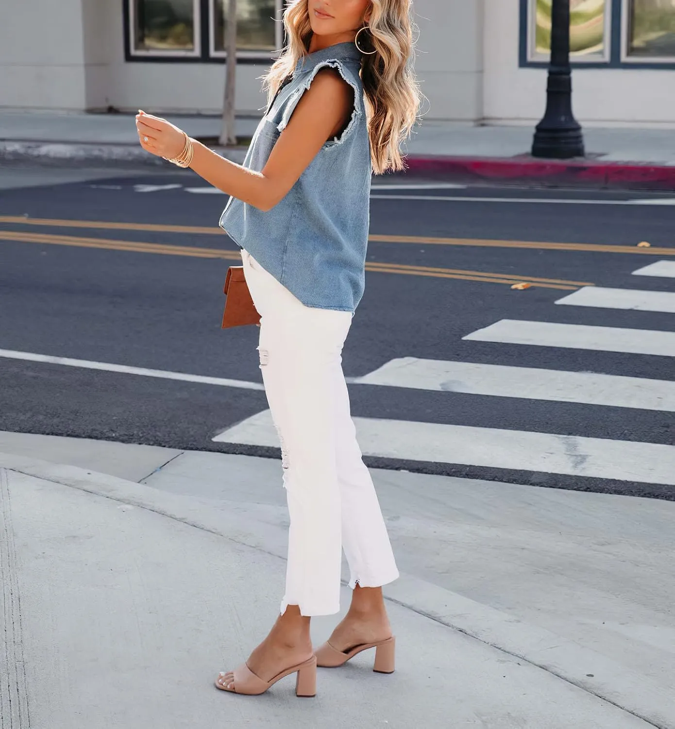 Women's Denim Top Casual Distressed Button Down Cap Sleeve Ruffle Blouses Summer Sleeveless Collared Jean Shirt
