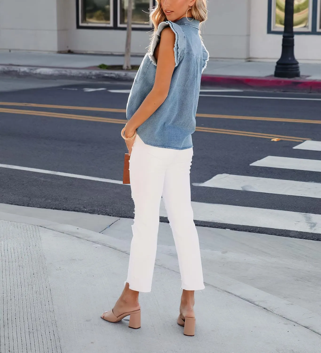 Women's Denim Top Casual Distressed Button Down Cap Sleeve Ruffle Blouses Summer Sleeveless Collared Jean Shirt