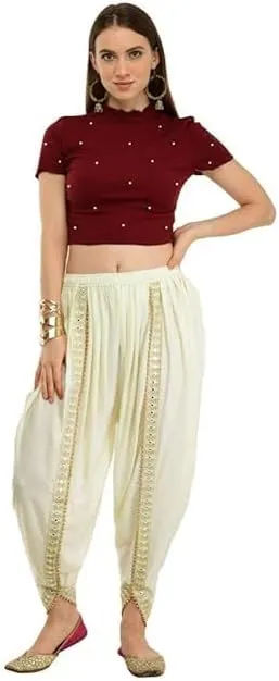 Women's Dhoti Harem Pants with Embroidered Detail, Black, Free Size 28-36 Waist