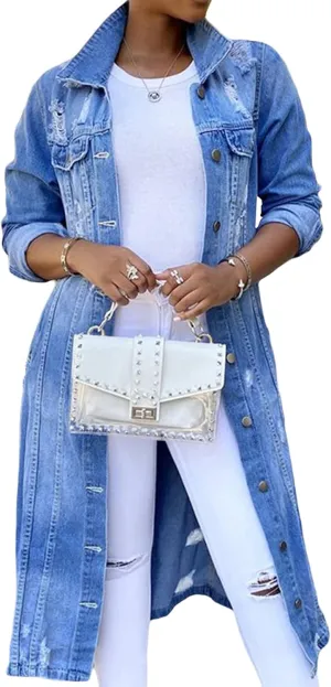 Women's Distressed Long Denim Jacket Ripped Hole Over Knee Midi Trench Coat Destroyed Classic Maxi Jean Jacket