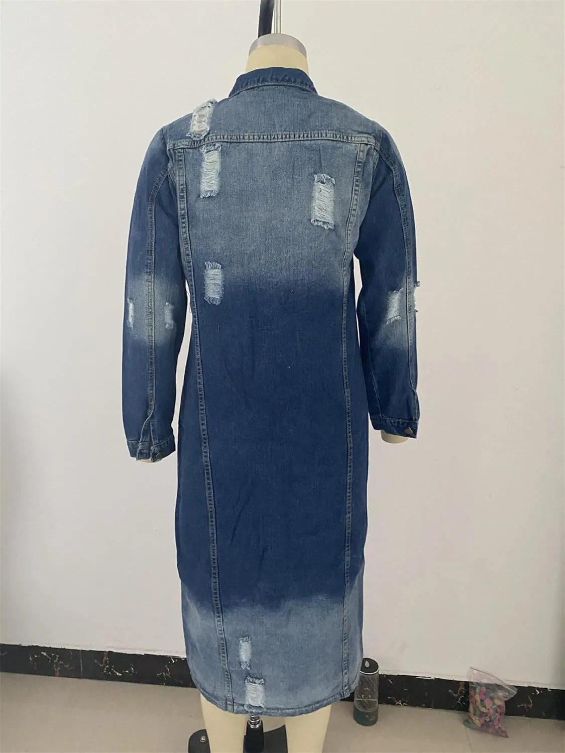 Women's Distressed Long Denim Jacket Ripped Hole Over Knee Midi Trench Coat Destroyed Classic Maxi Jean Jacket