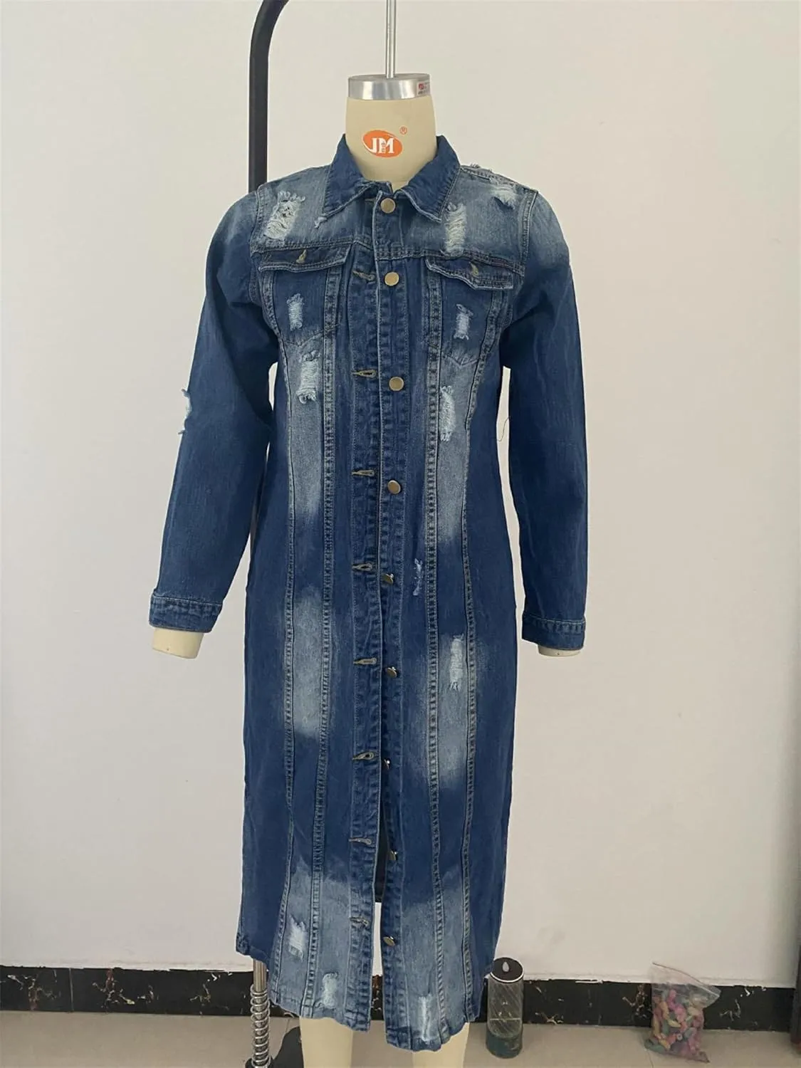 Women's Distressed Long Denim Jacket Ripped Hole Over Knee Midi Trench Coat Destroyed Classic Maxi Jean Jacket