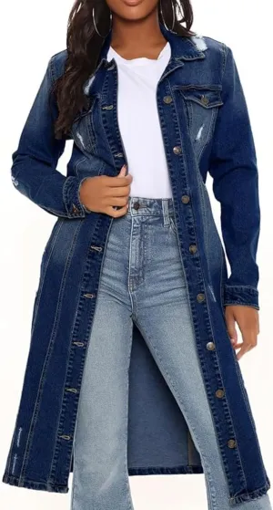 Women's Distressed Long Denim Jacket Ripped Hole Over Knee Midi Trench Coat Destroyed Classic Maxi Jean Jacket