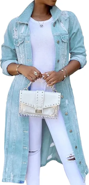 Women's Distressed Long Denim Jacket Ripped Hole Over Knee Midi Trench Coat Destroyed Classic Maxi Jean Jacket