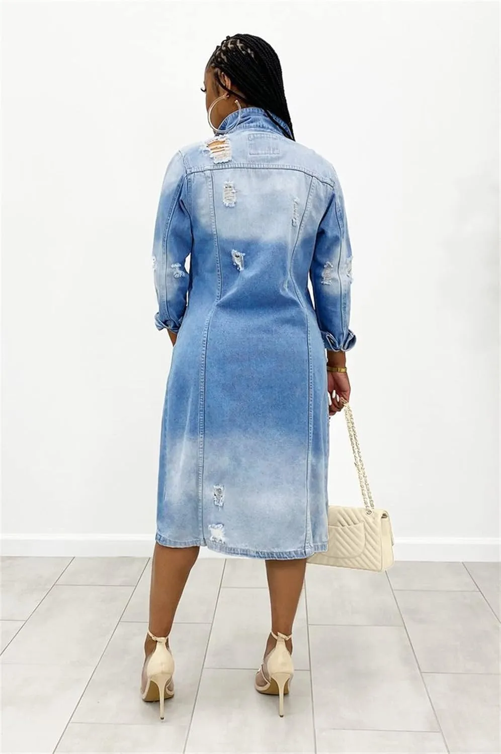 Women's Distressed Long Denim Jacket Ripped Hole Over Knee Midi Trench Coat Destroyed Classic Maxi Jean Jacket