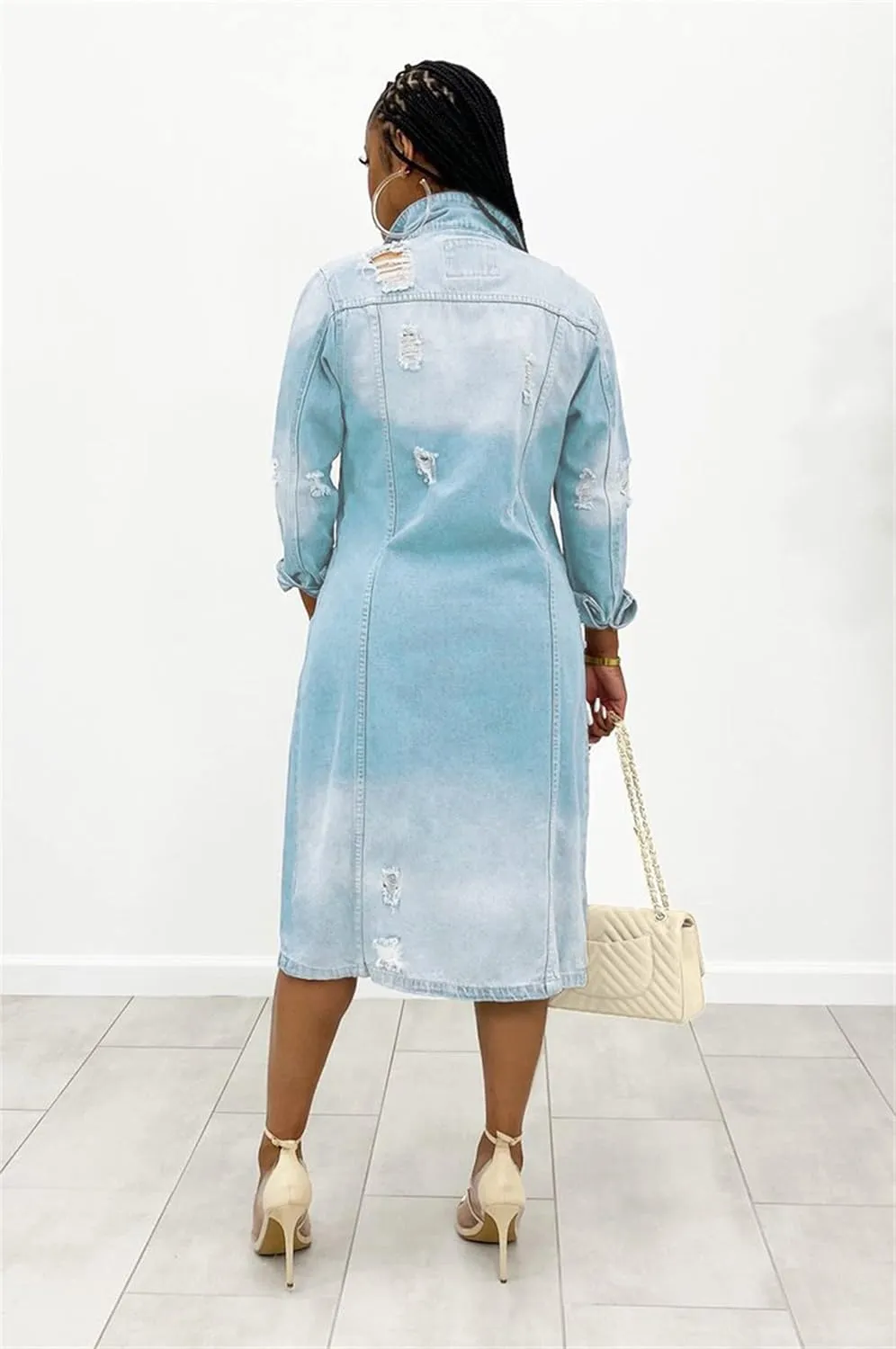 Women's Distressed Long Denim Jacket Ripped Hole Over Knee Midi Trench Coat Destroyed Classic Maxi Jean Jacket