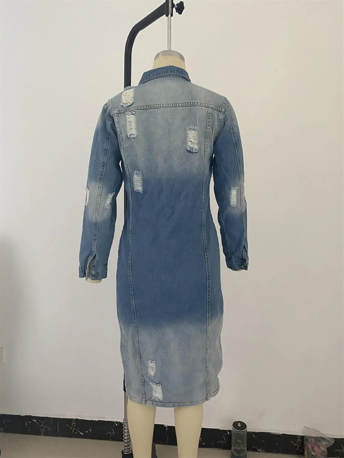 Women's Distressed Long Denim Jacket Ripped Hole Over Knee Midi Trench Coat Destroyed Classic Maxi Jean Jacket