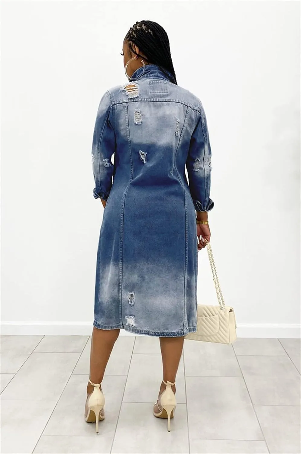 Women's Distressed Long Denim Jacket Ripped Hole Over Knee Midi Trench Coat Destroyed Classic Maxi Jean Jacket
