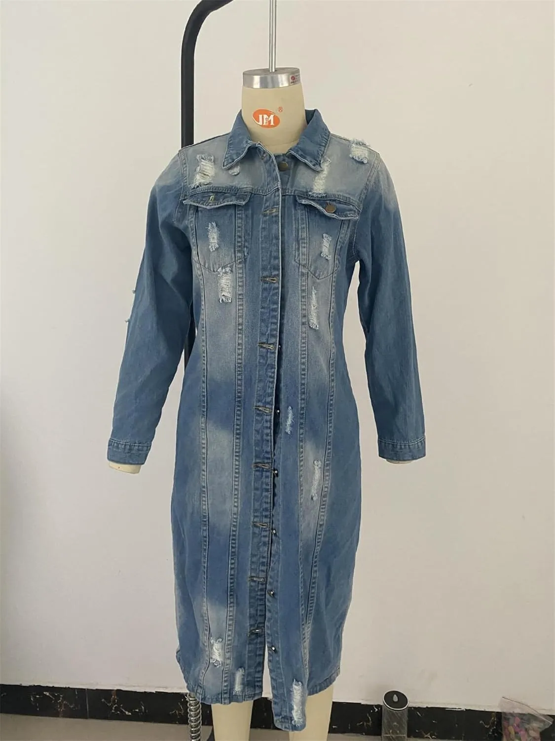 Women's Distressed Long Denim Jacket Ripped Hole Over Knee Midi Trench Coat Destroyed Classic Maxi Jean Jacket