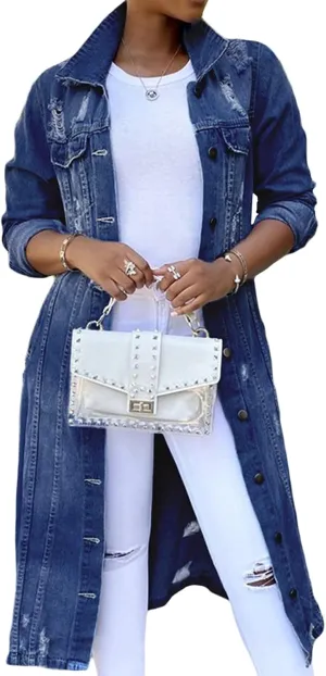 Women's Distressed Long Denim Jacket Ripped Hole Over Knee Midi Trench Coat Destroyed Classic Maxi Jean Jacket