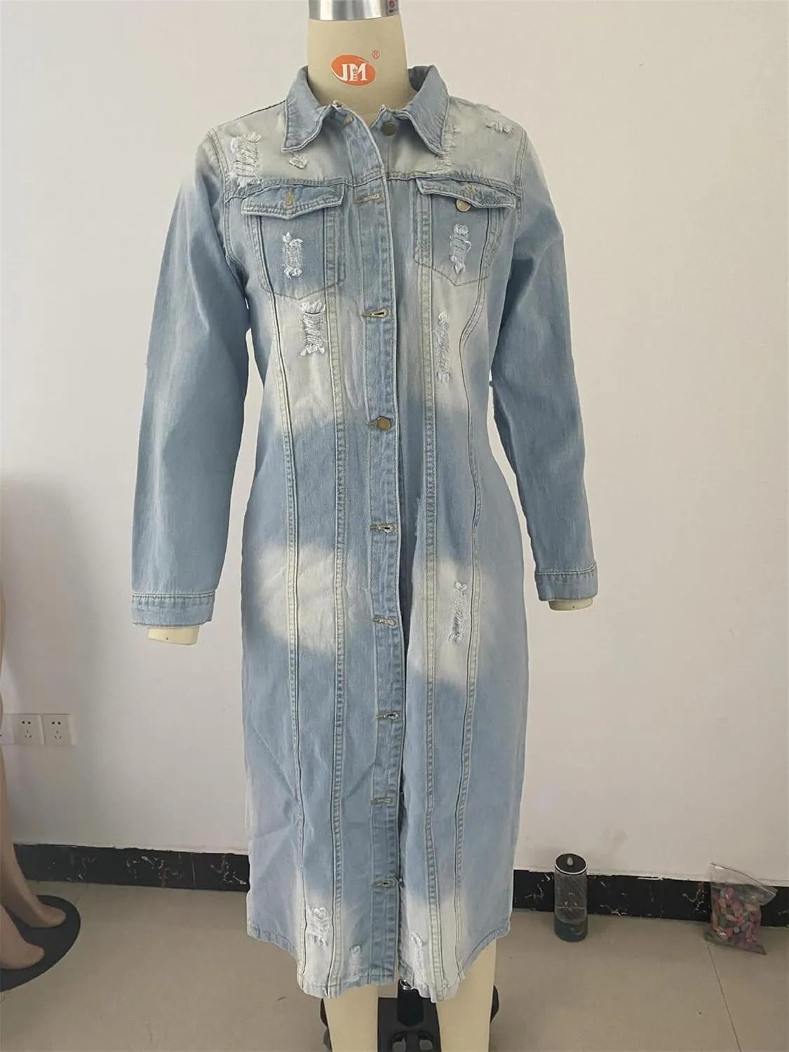 Women's Distressed Long Denim Jacket Ripped Hole Over Knee Midi Trench Coat Destroyed Classic Maxi Jean Jacket