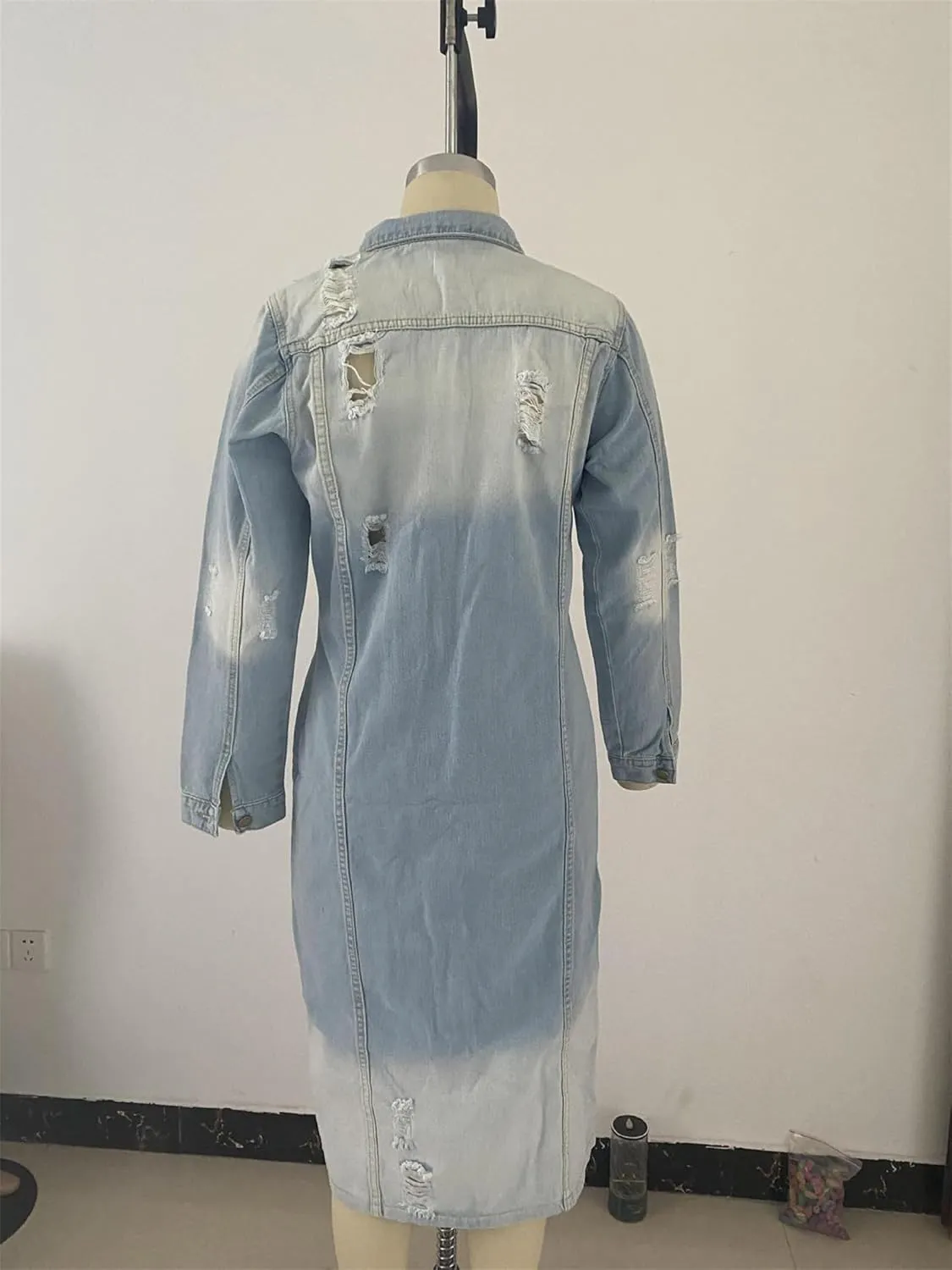 Women's Distressed Long Denim Jacket Ripped Hole Over Knee Midi Trench Coat Destroyed Classic Maxi Jean Jacket
