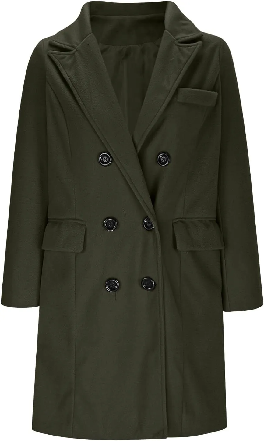 Womens Double Breasted Coats Lapel Collar Pea Coat Winter Slim Fit Jackets Trench Coat Outwear Winter Warm Overcoats