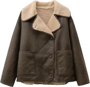 Women's Double-Sided Lapel Long-Sleeved Jacket with Fur Fleece Lined Leather Jacket for Women