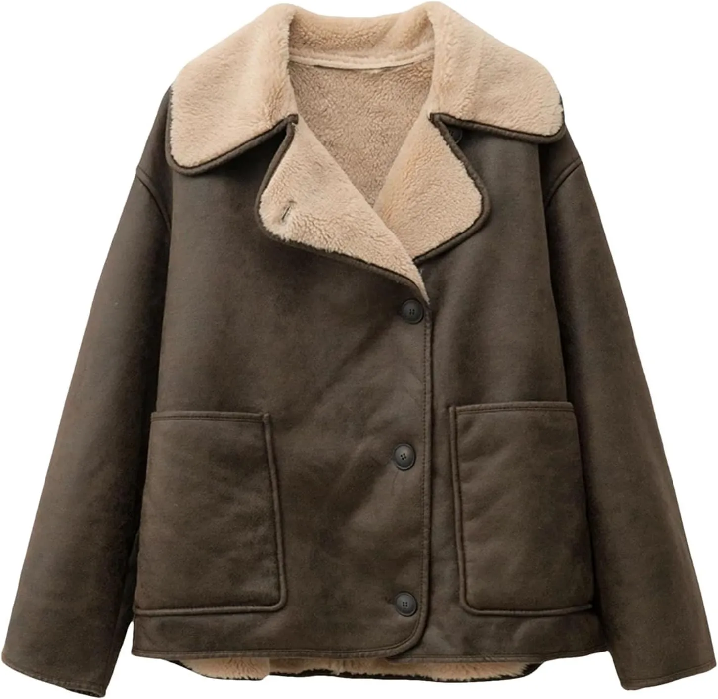 Women's Double-Sided Lapel Long-Sleeved Jacket with Fur Fleece Lined Leather Jacket for Women
