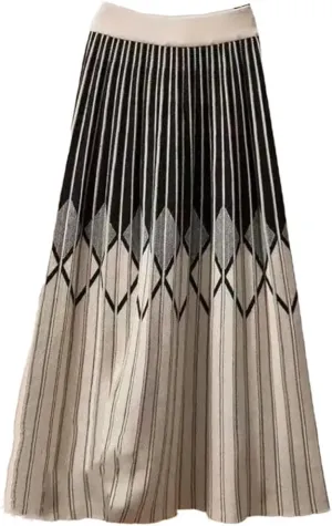 Women's Elastic High Waisted Striped Contrast Color Knitted Skirt Spring Autumn Elegant Pleated Midi Skirts