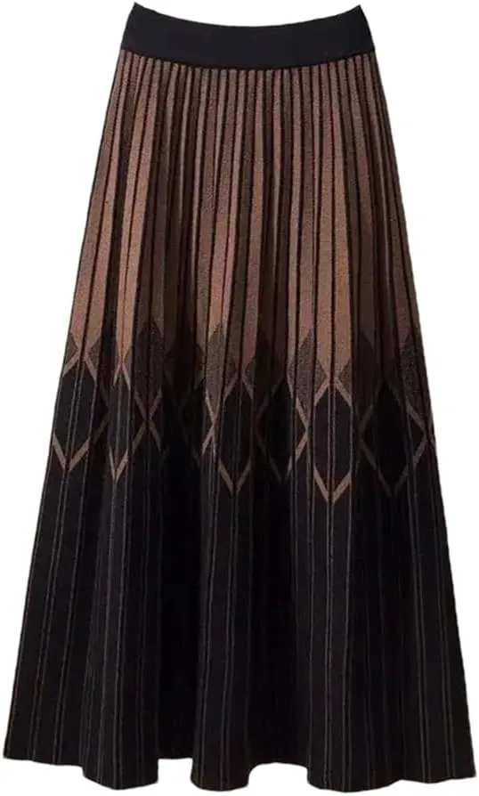 Women's Elastic High Waisted Striped Contrast Color Knitted Skirt Spring Autumn Elegant Pleated Midi Skirts