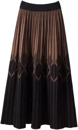 Women's Elastic High Waisted Striped Contrast Color Knitted Skirt Spring Autumn Elegant Pleated Midi Skirts