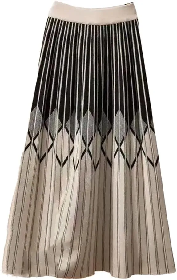 Women's Elastic High Waisted Striped Contrast Color Knitted Skirt Spring Autumn Elegant Pleated Midi Skirts